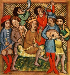 Kleine Trommeln, Geige, Horn, Triangel, Laute und Dudelsack, Olmützer Bibel, 1417, 1948 von Unbekannt