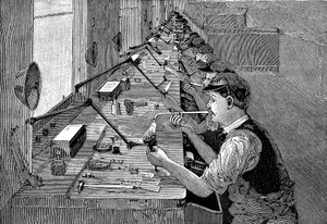 Löten von Fahrradteilen in einer amerikanischen Fabrik, um 1900