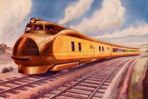 Mit hoher Geschwindigkeit über einen Kontinent. Amerikas erster diesel-elektrischer Expresszug hat eine neue Ära im Eisenbahnverkehr eröffnet von Unbekannt