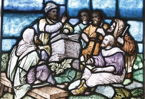Buntglas: Abraham studiert die Tora mit dem Volk Israel, Budapest, Ungarn