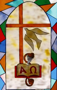 Buntglasfenster: christliche Symbole, Togoville, Togo