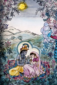 Buntglasfenster im Iskcon-Tempel: Krishna und Rada, London, Großbritannien