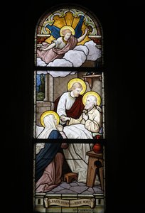 Buntglas in der Notre Dame du Rosaire katholischen Kirche: Heiliger Josef, Schutzpatron des Todes, Saint-Ouen, Frankreich