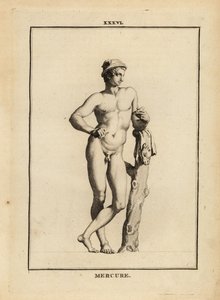 Statue des Merkur, römischer Gott des Handels und der Kommunikation, mit geflügeltem Hut Petasos und Ziegenhaut von Unbekannt