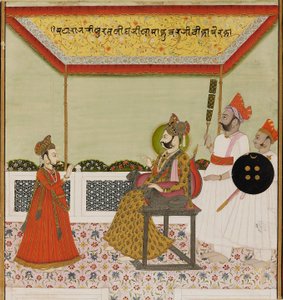 Surat Singh sitzt auf einem löwenarmigen Thron und empfängt seinen jungen Sohn, ca. 1800