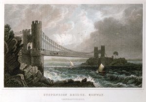 Hängebrücke über die Conwy-Mündung, Wales, um 1840