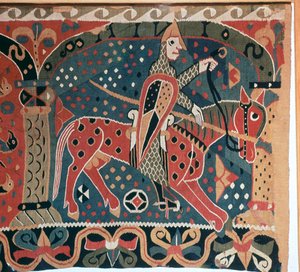 Wandteppichfragment, das einen Wikingerreiter zeigt