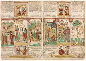 Die Bibel der Armen Biblia Pauperum, Pharaos Armee ertrinkt im Roten Meer..., 1450-1465