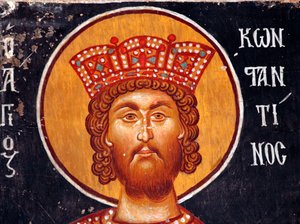 Das byzantinische Fresko aus dem 15. Jahrhundert (Detail): Der Kaiser Konstantin Wandmalerei Michael Erzengel Kirche in Pedoulas Zypern Bemalte Kirchen UNESCO-Stätte Troodos, Zypern