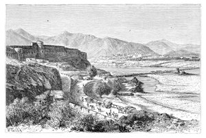 Die Zitadelle von Attock und eine Bootsbrücke über den Indus, Pakistan von Unbekannt