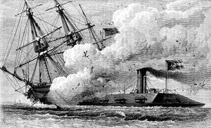 Der konföderierte Panzerschiff Merrimac versenkt die USS Cumberland, 1862, um 1880 von Unbekannt