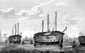 Die dänischen Gefängnisschiffe Dronning Maria und Waldemar in Kopenhagen, 1848-1849 von Unbekannt