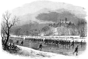 Die ersten Lincolnshire Rifle Volunteers machen einen Marsch auf Schlittschuhen den Fluss Witham hinunter, 1861 von Unbekannt