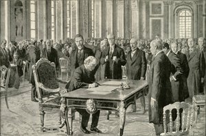 Der Premierminister von Großbritannien unterzeichnet den Friedensvertrag, 1919