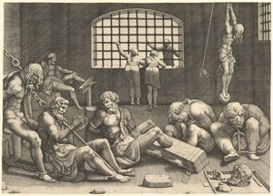 Das Gefängnis, eine Gruppe von Männern in einem Kerker, gefesselt in Ketten und Fesseln, rechts eine Figur....