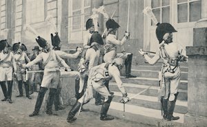 Die preußische Adelsgarde schärft ihre Schwerter auf den Stufen der französischen Botschaft in Berlin, 1896