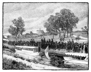 Der königliche Besuch in Worsley Hall, die Staatsbarke auf dem Bridgwater-Kanal, 1851, 1888