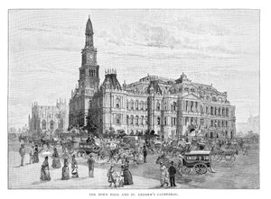 Das Rathaus und die St. Andrews Kathedrale, Sydney, New South Wales, Australien, 1886