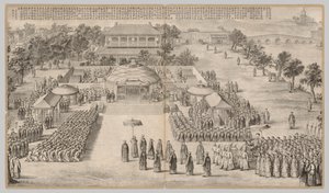 Das Siegesbankett: aus den Schlachtszenen der Niederschlagung von Aufständen..., um 1765-1774, Gedicht datiert 1