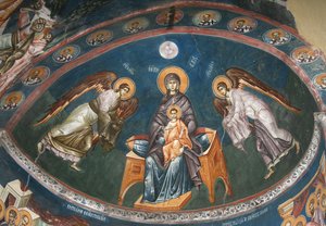 Die Jungfrau auf dem Thron mit Christus Emmanuel und den Erzengeln Michael und Gabriel, 14. Jahrhundert