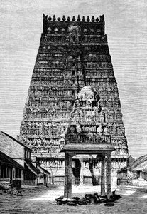 Das Hauptgopura des Tempels in Kumbakonam, Indien, 1895