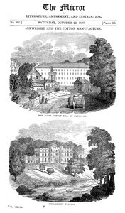 Die erste Baumwollspinnerei in Cromford, Derbyshire, und Richard Arkwrights Haus von Unbekannt