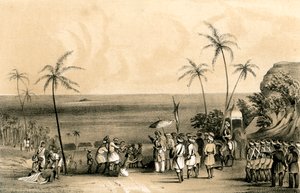Die Kaufleute von Calicut wurden auf Befehl von Tippoo Saib gefangen genommen und an einen kahlen Felsen gekettet, 1847 von Unbekannt