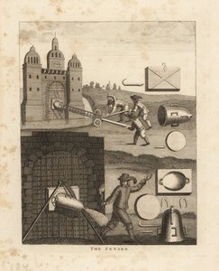 Die Petarde, ein mittelalterliches Sprenggerät in Form eines Metallkegels, gefüllt mit Schießpulver, das an einem Tor befestigt wird, um es zu sprengen