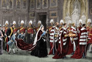 Der königliche Prozessionszug im Westminster Palace auf dem Weg zum House of Lords, 1886, 1900