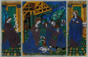 Drei Tafeln aus einem Triptychon mit der Anbetung der Hirten..., französisch, frühes 16. Jahrhundert