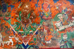 Tibetischer Buddhismus; alte Wandmalerei in der Versammlungshalle; Dämon kämpft mit Pfeil und Bogen; Trakthok Gompa Kloster; Sakti bei Leh; Ladakh Bezirk; Jammu und Kaschmir; Indien; Südasien; Asien