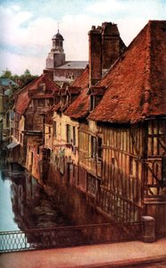 Fachwerkhäuser an der Pont de Caen in Caudebec-en-Caux, Normandie, Frankreich, ca. 1930er Jahre