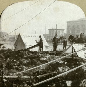 Echter Mut - Friseur malt Schild auf Zelt, das auf dem Bürgersteig des ehemaligen Ortes gespannt ist, 1906