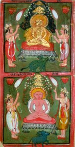 Zwei Jain-Tirthankaras oder Jina-Furtmacher und ihre Anhänger, Region Bundi, Indien, um 1720