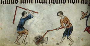Zwei Männer dreschen Garben aus dem Luttrell Psalter, ca. 1330