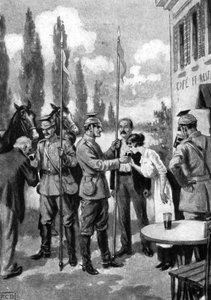 Ulanen fordern Erfrischungen von belgischen Dorfbewohnern, Erster Weltkrieg, 1914