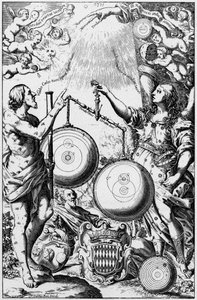 Urania, die Muse der Astronomie, wiegt und vergleicht Systeme des Universums