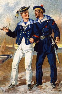 V: Seeleute. Gravur in "Militäralphabet". Initialen des Illustrators: A. D. Unbekannter Herausgeber. Chromolithographien Ende des 19. Jahrhunderts. Dim: 10,5x7cm