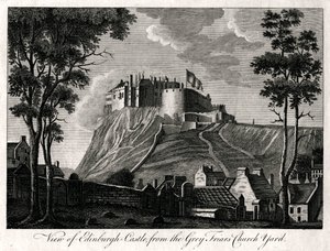 Blick auf Edinburgh Castle vom Grey Friars Church Yard, 18. Jahrhundert