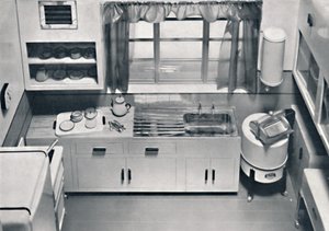 Ansicht einer Küche, entworfen von H.M.V. Haushaltsgeräte, 1938
