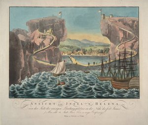 Blick auf die Insel St. Helena von der Landungsstelle in der Nähe des Fort James, 1815