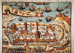 Ansicht der Stadt Calais im Jahr 1538. Xylographie.