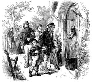 Dorfbewohner gehen am Sonntag zur Kirche, London, 1872