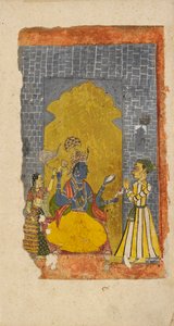 Vishnu auf dem Thron mit einem fürstlichen Verehrer vor ihm stehend, um 1700-1725