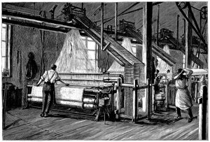 Weberei mit Jacquard-Webstühlen, ca. 1880