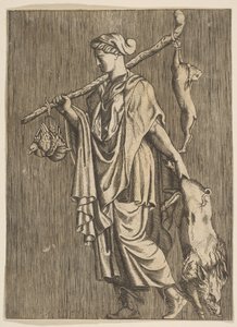 Frau kehrt von der Jagd zurück und trägt einen Eber in ihrer linken Hand und einen Stock in ihrer rechten Hand, ca. 1515-1600