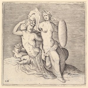 Frau mit Schild auf Seemonster sitzend