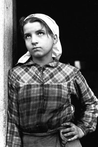Junges Mädchen arbeitet als Olivenerntehelferin in Kalabrien, Italien, ca. 1955