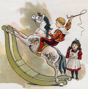 Junge auf einem Schaukelpferd mit einer Peitsche. Gravur in "ABC L