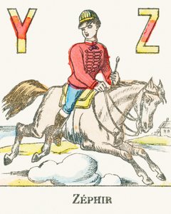 Z : Zephir, ein Reiter galoppiert auf seinem Pferd namens Zephyr - Spiele-Alphabet, ca. 1890 (Gravur)